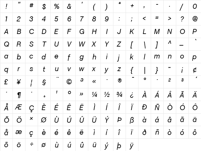 ChaletBookTT Italic  glyph index