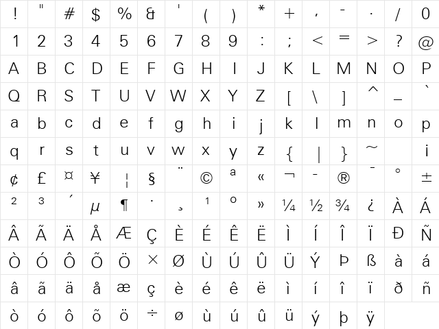 Zurich Light  glyph index