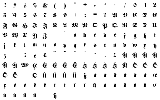 FetteFraktur Regular  glyph index
