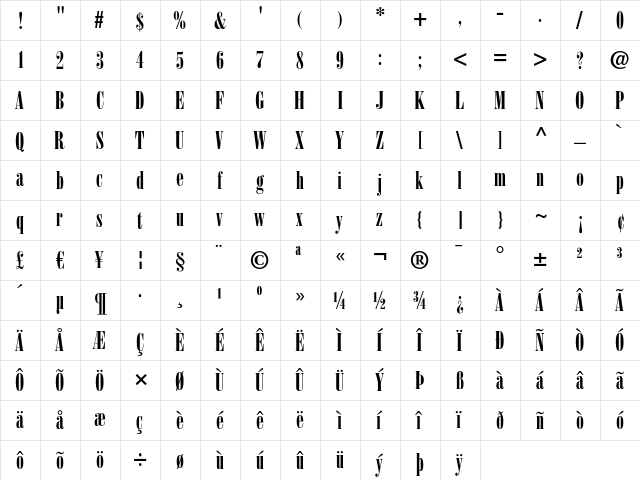 Bodoni LT Poster Compressed  glyph index