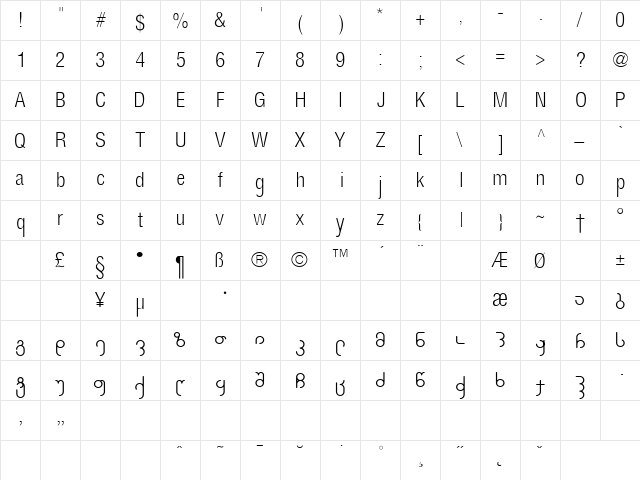 Siradze Regular  glyph index