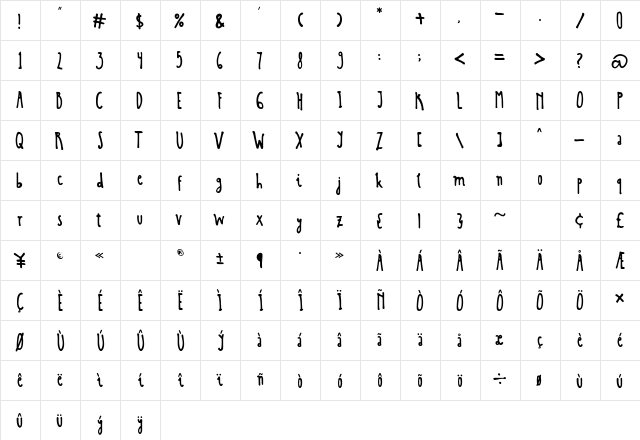 Scratch Ink Regular  glyph index