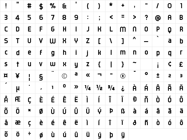 Typo Oval Demo Bold  glyph index