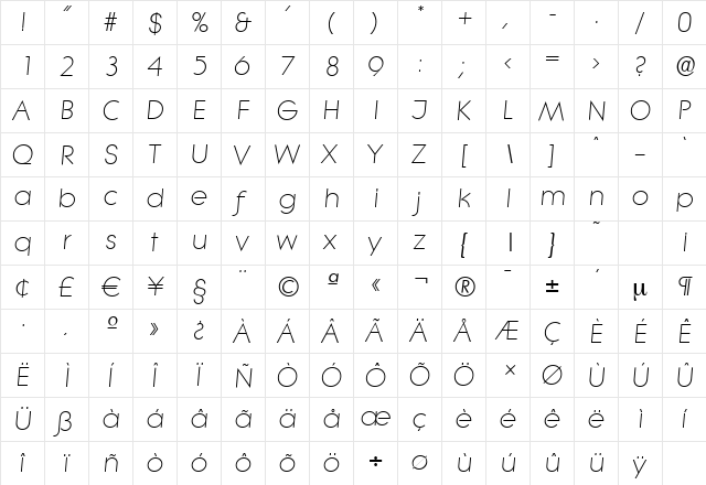 LiteraSerial-Light Italic  glyph index
