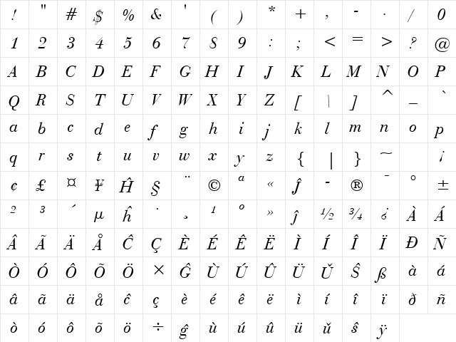 BauerBodni BT Eo Italic  glyph index