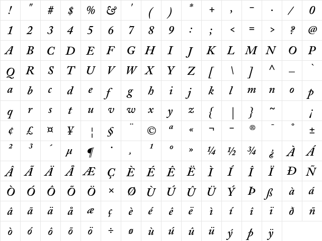 Adobe Caslon Pro Semibold Italic  glyph index