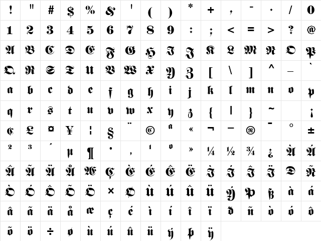 Barron Regular  glyph index