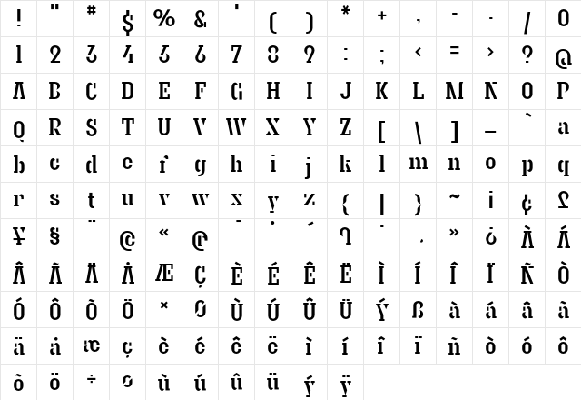 Granite SemiStencil  glyph index