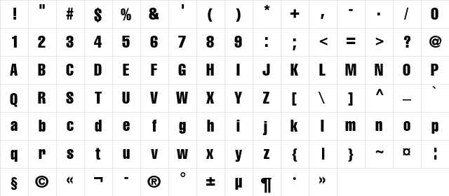 AGLettericaCompressedC Regular  glyph index