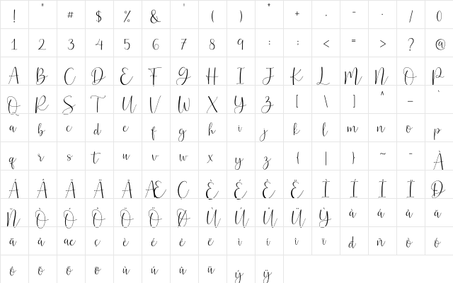 Belly Betty Regular  glyph index