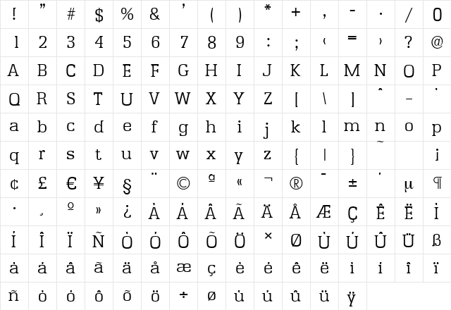 EnschedeSerial-Light Regular  glyph index