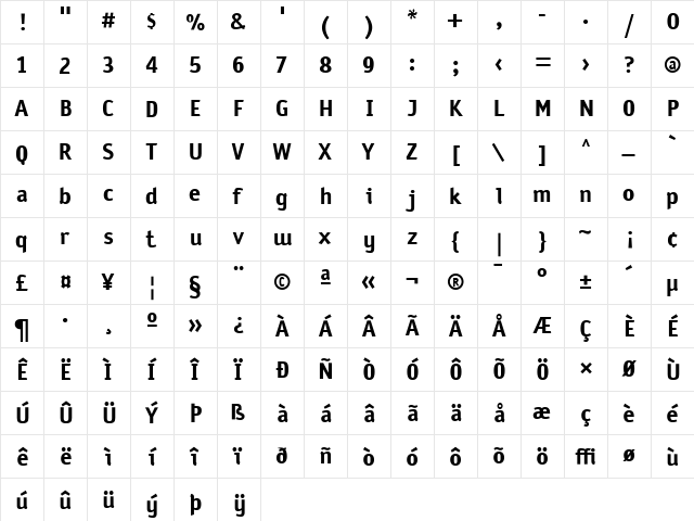 Sodium Bold  glyph index