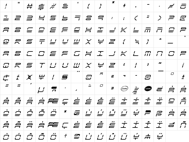 QuickStrike Italic Condensed Italic Condensed  glyph index