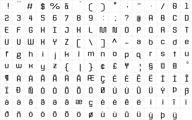 Quota Bold Ext.  glyph index