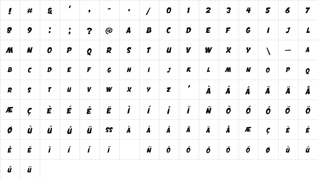 Engcomica Regular  glyph index