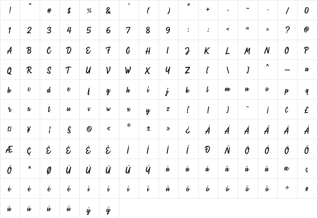 Woodland Regular  glyph index