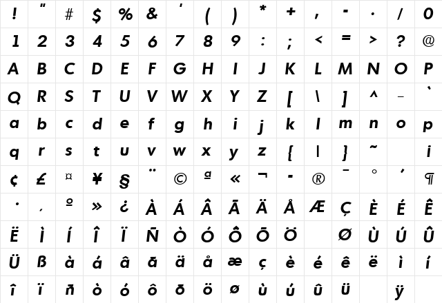 Montreal Bold Italic  glyph index