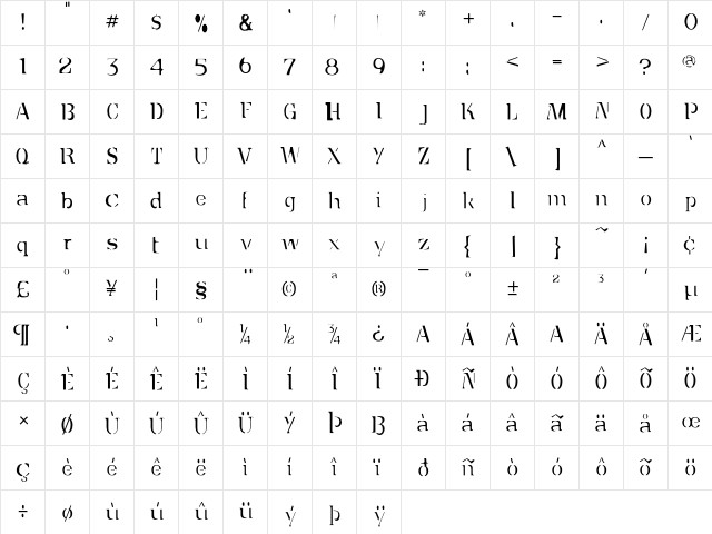Dumpster Regular  glyph index