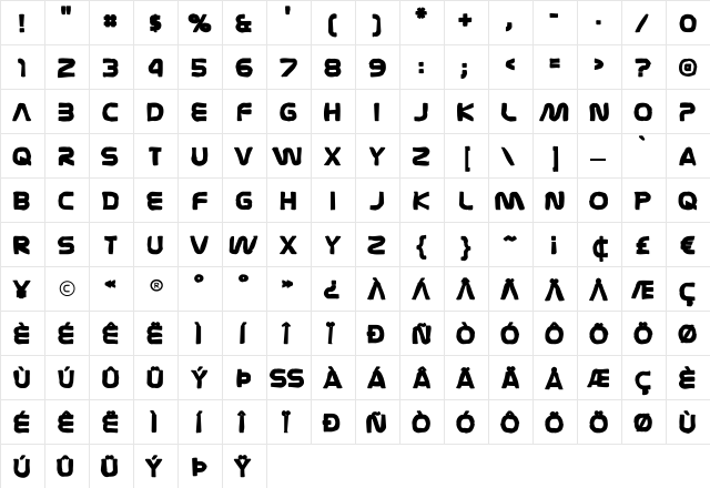 Nasalization Ink Regular  glyph index