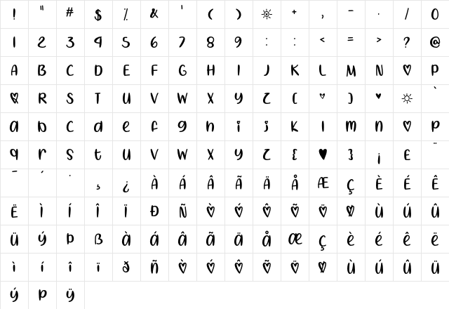 I Heart Summer Regular  glyph index