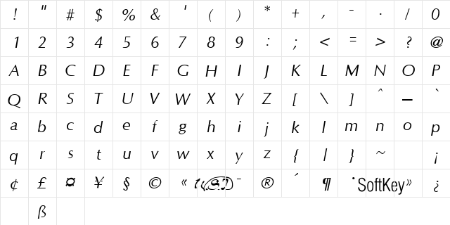 Optim Italic  glyph index