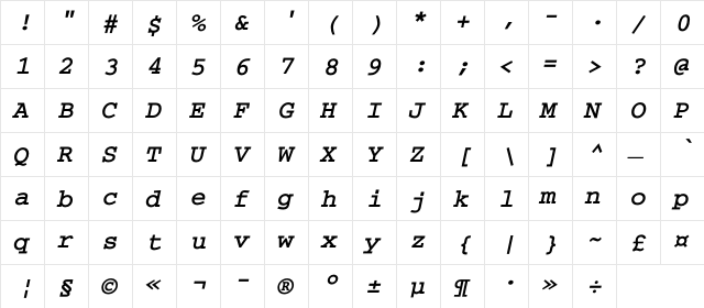 CourierC Bold Italic  glyph index