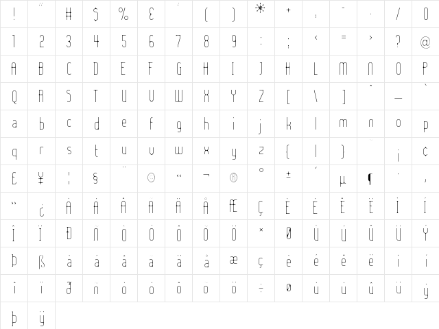 Lady Ice - Extra Light Regular  glyph index