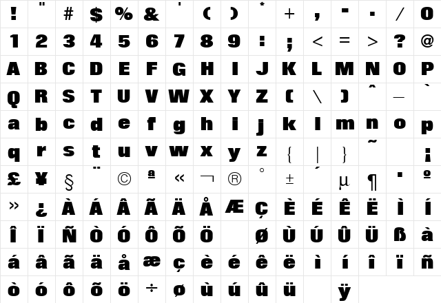 Portfolio Extra Bold Regular  glyph index