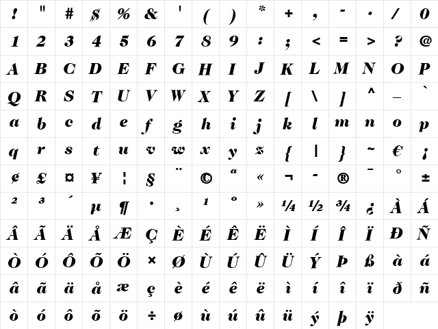 Caslon 224 LT Black Italic  glyph index