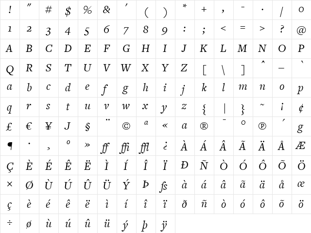 FreightText BookItalic  glyph index