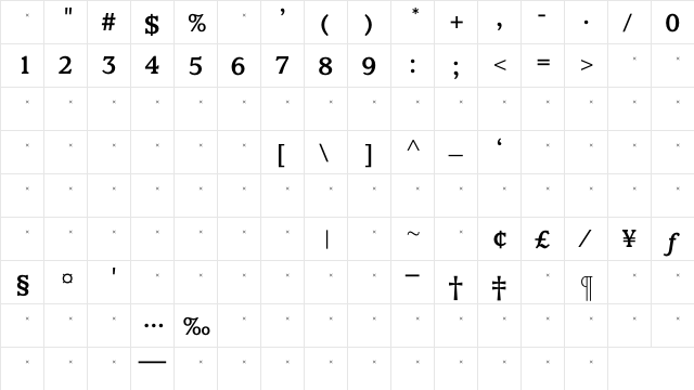ClaremontMedTab Regular  glyph index