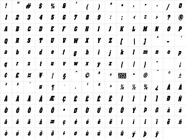 AcklinCondensed Italic  glyph index