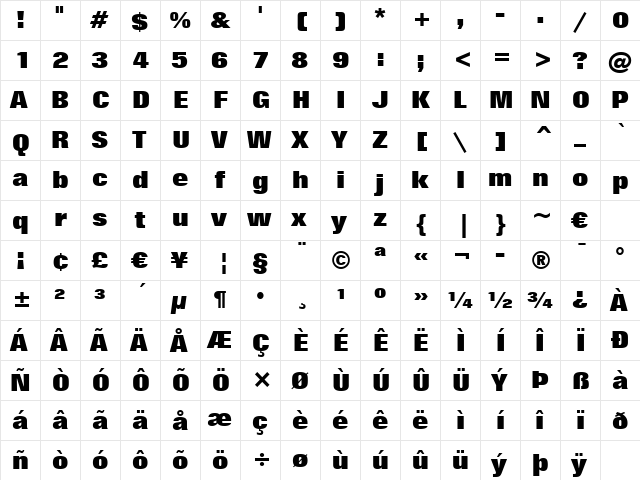 Folio XBd BT Extra Bold  glyph index