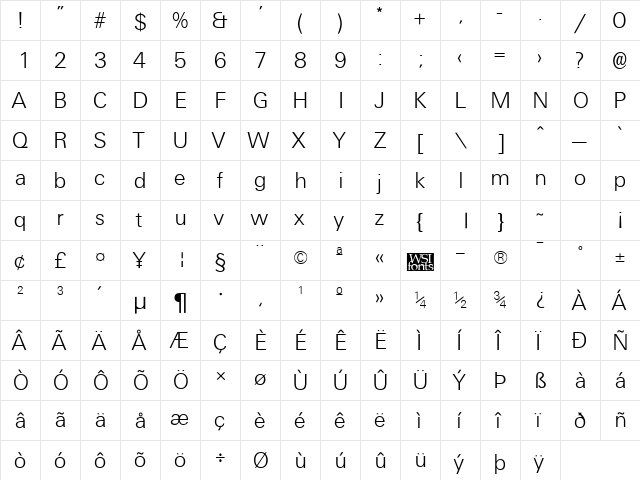 UniversalLight Regular  glyph index