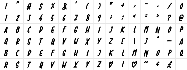 Lovebuzz Regular  glyph index