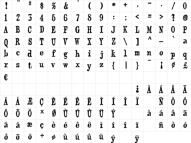 webster regular  glyph index