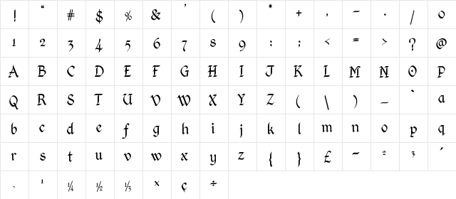 Kingthings Calligraphica Light Light  glyph index