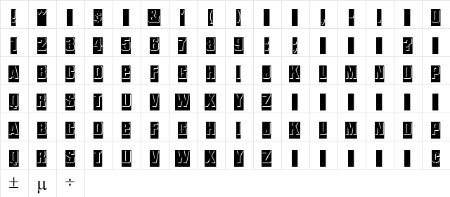 Relief Regular  glyph index