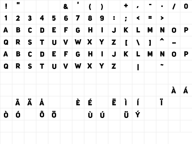 Bold Regular  glyph index