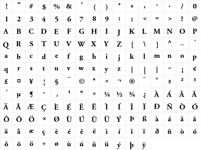 Adobe Garamond Bold  glyph index