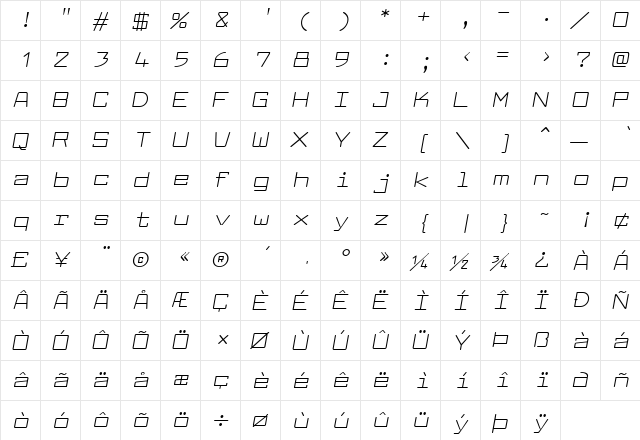 Larabiefont Extended Italic  glyph index