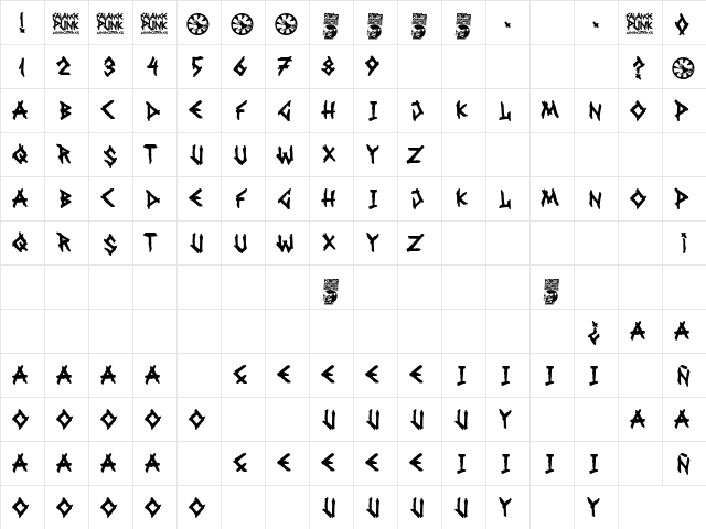 Falange Punk Regular  glyph index
