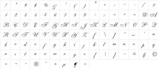 AnastasiaScript Regular  glyph index