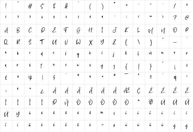 Aderia Regular  glyph index
