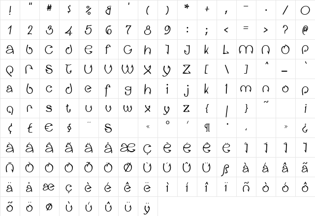 Fishhook Bold  glyph index