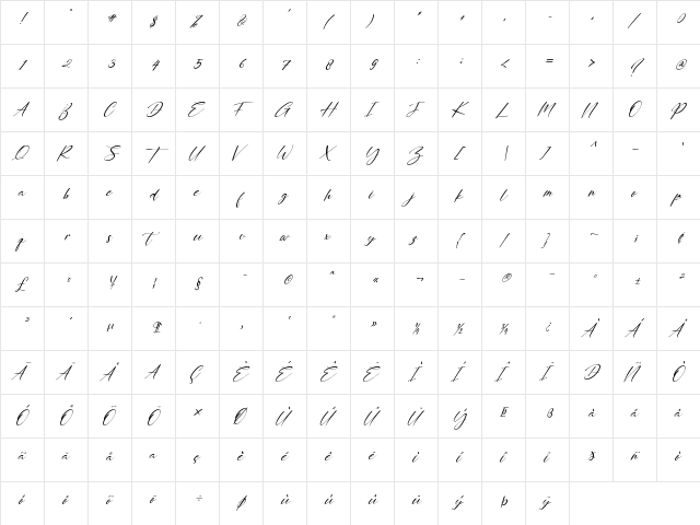 Nattalya Italic Regular  glyph index