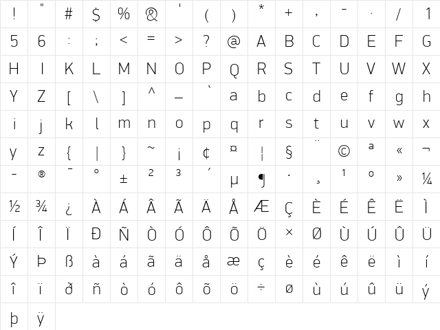 PF DinDisplay Pro Thin  glyph index