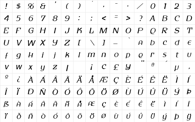 Hoarsen Oblique  glyph index