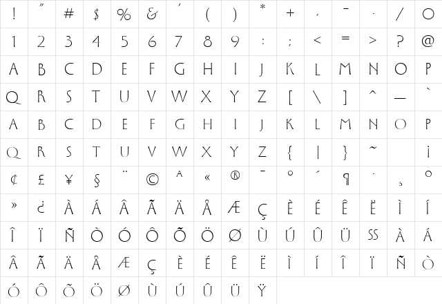Beata Regular  glyph index