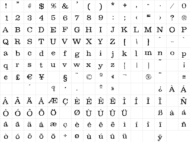 ClareRandom-Light Regular  glyph index